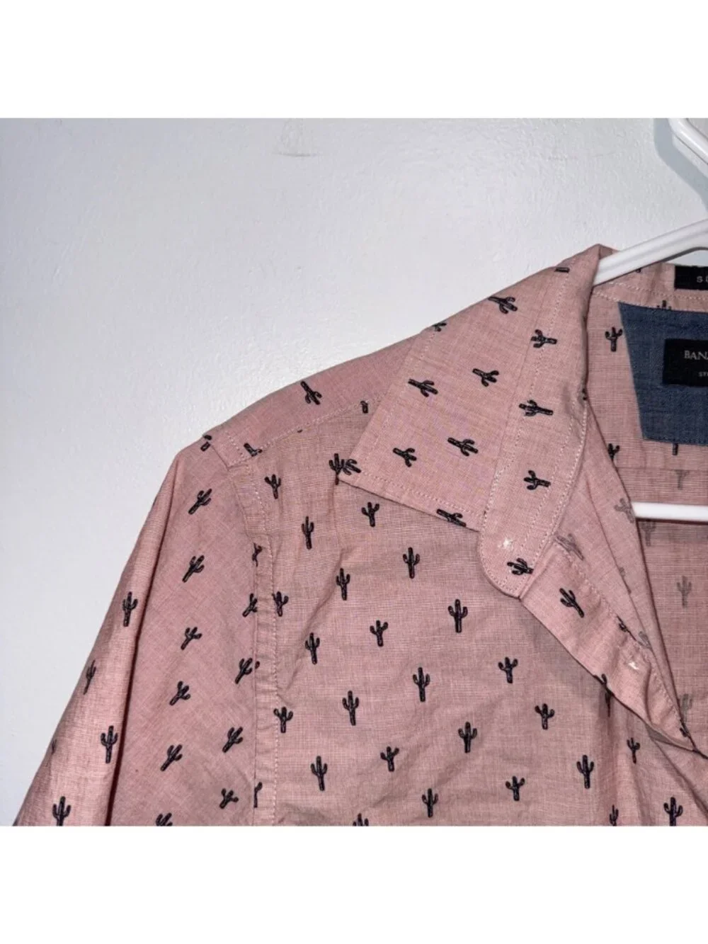 Banana Republic Mens Slim Fit Cactus Print Pink Short Sleeve Button-Up Shirt Siz